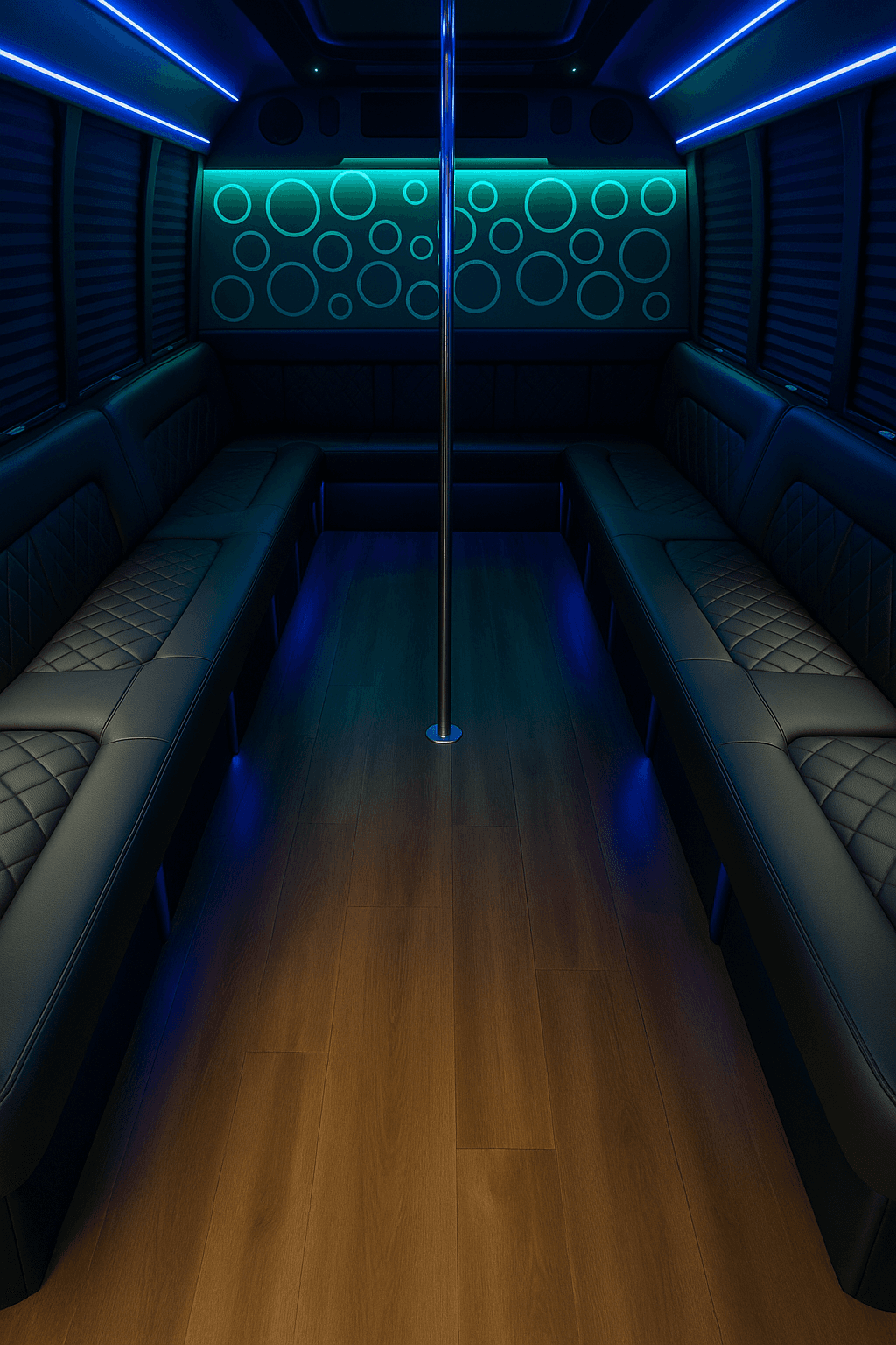 Party bus interior with lighting and wraparound seating